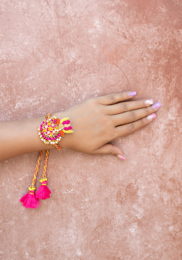 Pink Yellow lotus Beaded lumba Rakhi pair set