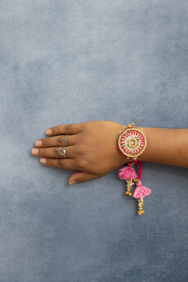 Pink Golden taseel Beaded Lumba bulk Rakhi pair set