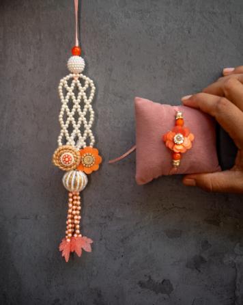 peach pearl metal leaves bhabhi lumba + bhai rakhi set