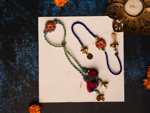 Blue Yellow with yellow cowrie Beaded Lumba Rakhi pair set