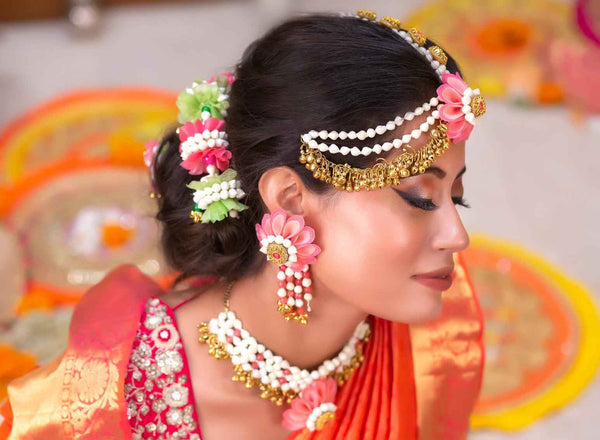 Phoenix 3-layer hanging floral Earrings in piink floral accent