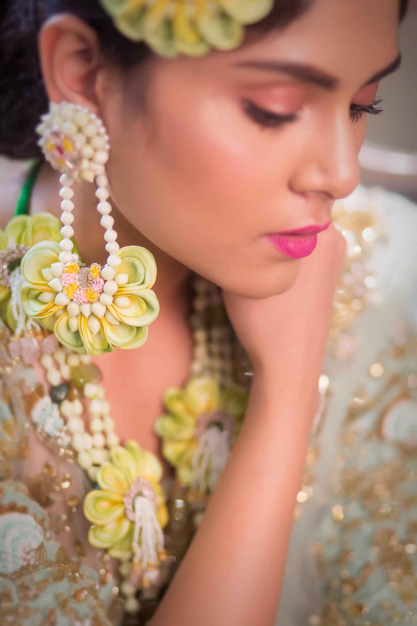 Pistachio real look-alike floral Chandbali Earrings