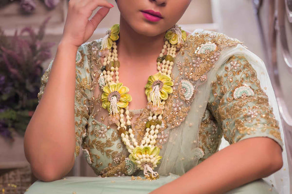 Pistachio greenish yelow real look-alike mogra Necklaces, shop-by-style, shop-by-vibe with Floral Embellishments