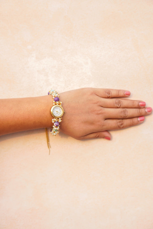 Purple green pearls watch rakhi