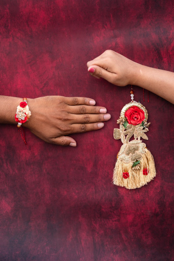 Red Rose Boho Rakhi Set