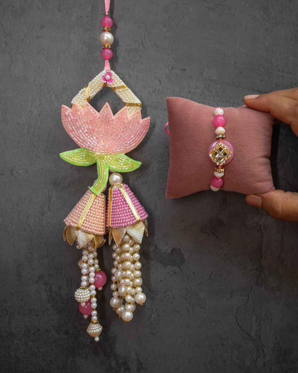 Pink lotus pearls bhabhi lumba + bhai rakhi set
