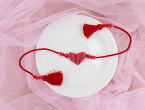Red heart beaded bhai rakhi