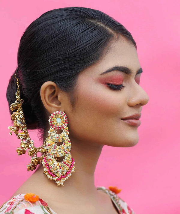 Pind and Yellow Tikka and Earring