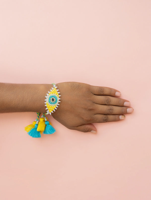 Bhai Yellow Blue evil Eye Beaded Rakhi