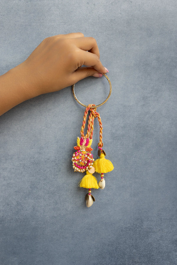 Pink Yellow lotus Beaded lumba Rakhi pair set