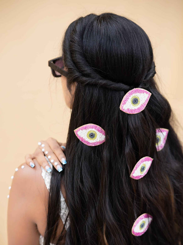 Pink Eye Evil Embroidered Hair Accessories (Set of 5)