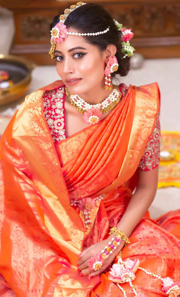 Phoenix Bridal Set with Pink Hand-Embroidered Florals and Elegant mogral Embellishments