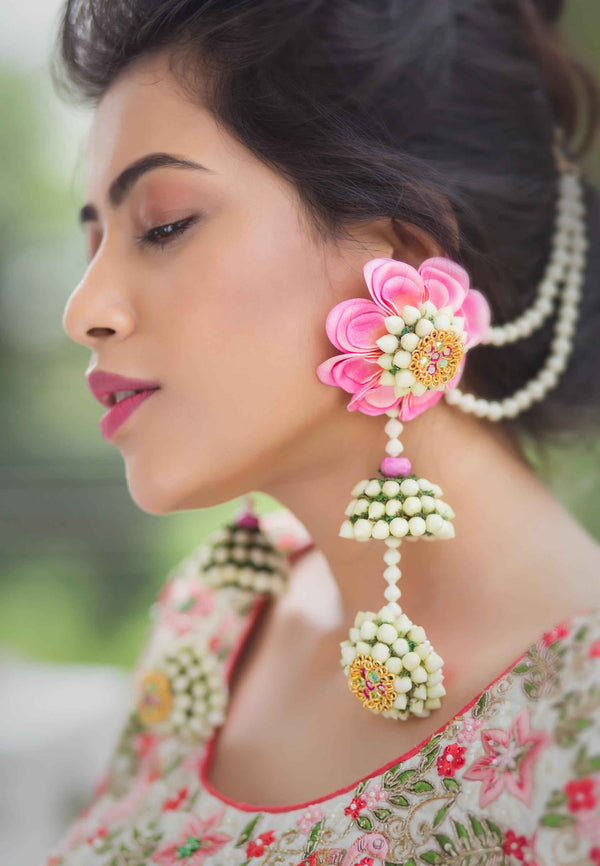 Tulip Handcrafted best seller double Jhumka Earrings with Earchain,tikka,choker Necklaces, shop-by-style, shop-by-vibe and Haathful with kaleeras