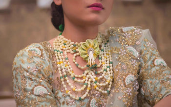 Lemon Blossom floral set with neklace,chandelior Earrings,tikka and pair of Bangless