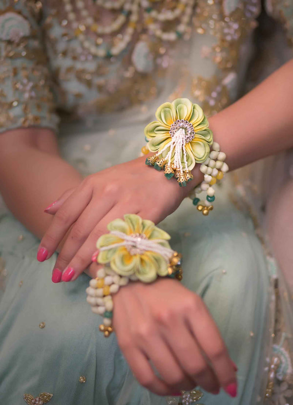 Pistachio real look-alike floral set with Necklaces, shop-by-style, shop-by-vibe, Chandelier Earrings,layered Necklaces, shop-by-style, shop-by-vibe and pair of Bangless