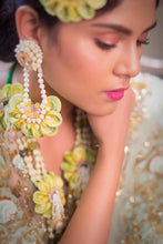Pistachio real look-alike floral set with Necklaces, shop-by-style, shop-by-vibe, Chandelier Earrings,layered Necklaces, shop-by-style, shop-by-vibe and pair of Bangless