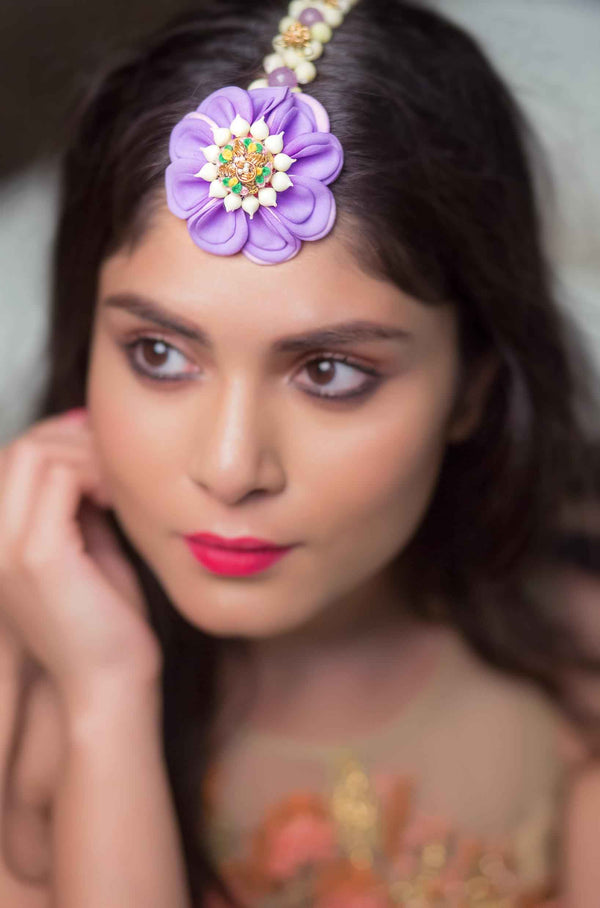 Lavender lusture floral Necklaces, shop-by-style, shop-by-vibe,tikka,Earrings with multicolor hand Embroidery in centre