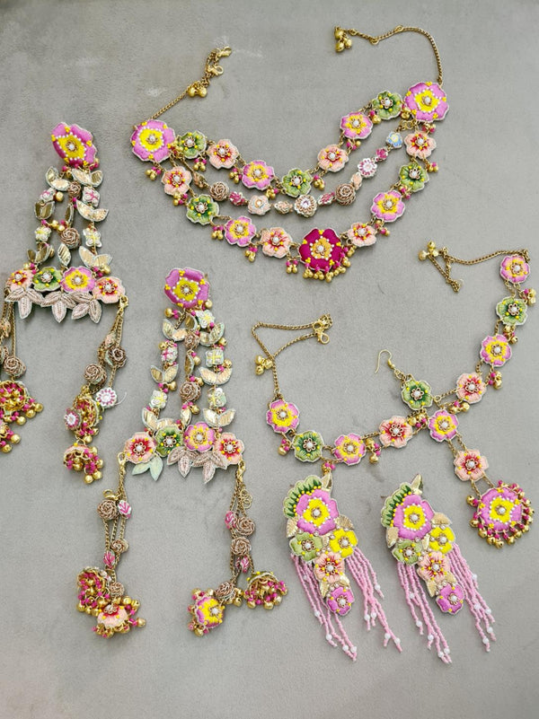 Pink and Green Floral Beaded Jewelry Set