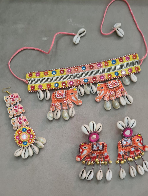 Red and Yellow Tribal-Inspired Beaded Jewelry Set with White Accents
