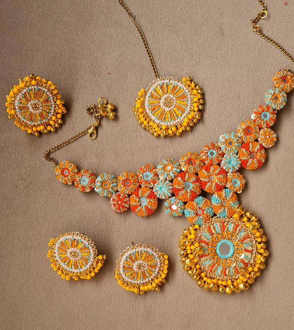 Sunburst Orange and Turquoise Beaded Jewelry Set with Circular Patterns
