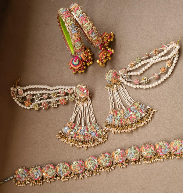 Multicolored Pastels Beaded Jewelry Set with Intricate Floral Patterns and Pearl Accents