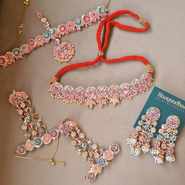 Multicolored Beaded Jewelry Ensemble with Floral and Heart Accents on Red Cord