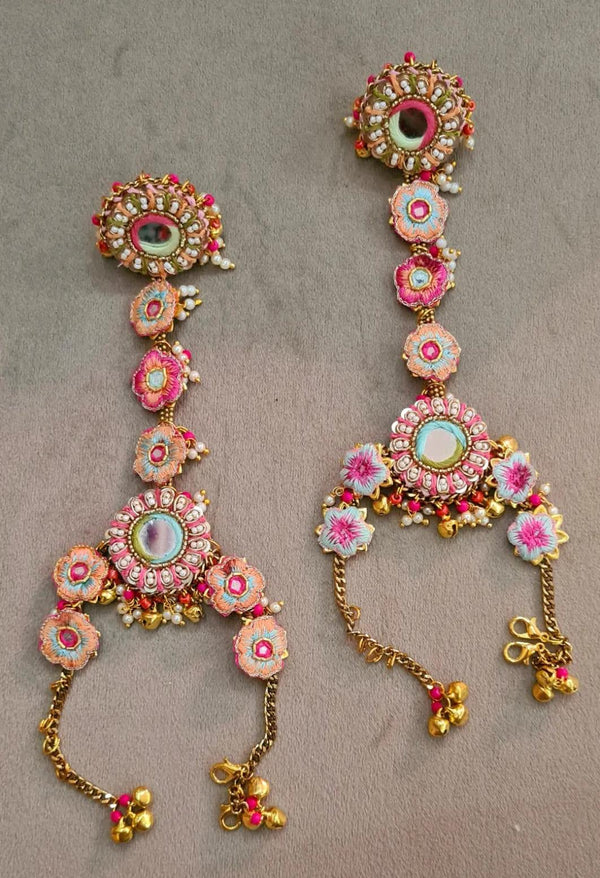 Elegant Cascading Earrings with Pastels Floral Motifs and Central Lustrous Stone Accents