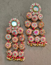 Elegant Cascading Earrings with Pastels Floral Motifs and Central Lustrous Stone Accents