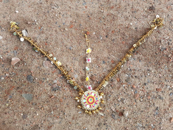 Vibrant Multi-Colored Choker with Circular Embellishments and Golden Bell Accents