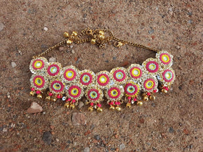 Vibrant Multi-Colored Choker with Circular Embellishments and Golden Bell Accents