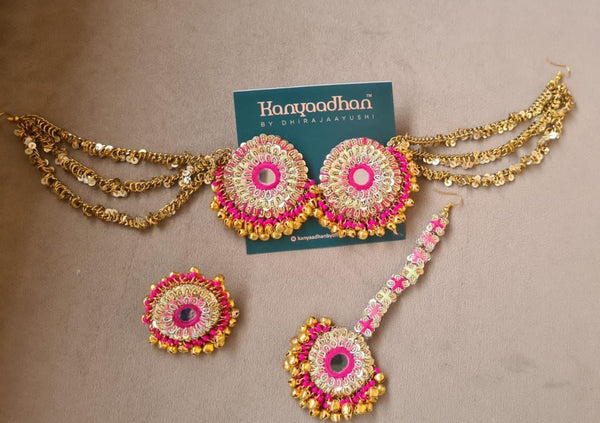 Gold-Toned Earrings Set with Radiant Pink Circular Motifs, tikka.