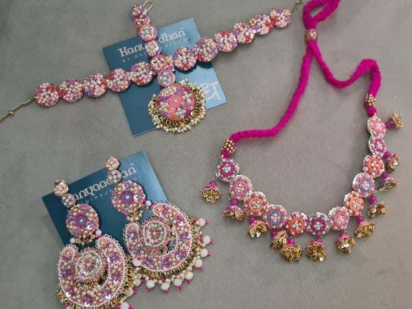 Vibrant Pink and Gold Necklaces, shop-by-style, shop-by-vibe Set with Floral Beadwork, Dangling Accents, and Circular Embellished Earrings