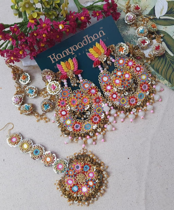 Pink-Encrusted Set with Multicolored Gemstones and Delicate Pink Tassel Accents