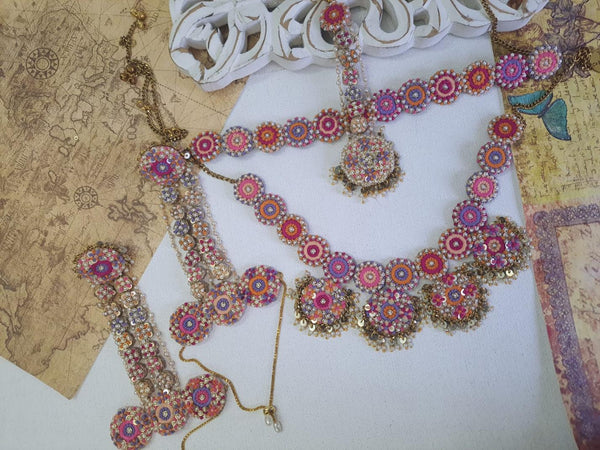 Rosy Circle Motif Necklaces, shop-by-style, shop-by-vibe, Earrings, and Sheeshpatti Set with GlimmeRings Crystals and Dangling Golden Details