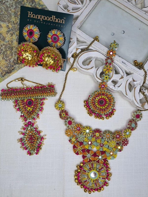 Golden Cascade Necklaces, shop-by-style, shop-by-vibe, Earrings, and Sheeshpatti with Radiant Multicolored Gemstones and Pink Floral Accents