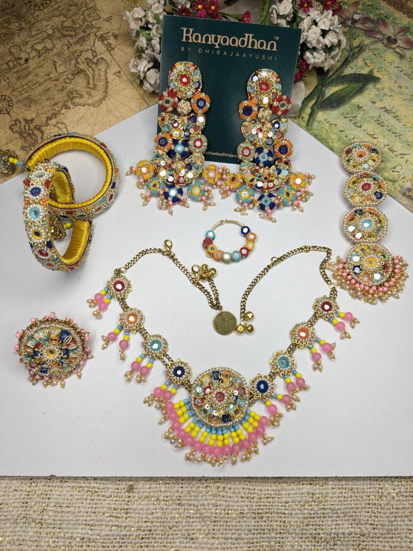 Multicolored Gemstone-Encrusted Necklaces, shop-by-style, shop-by-vibe, Earrings, Sheeshpatti, Bangless, and Rings Set with Soft Pink Tassel Accents
