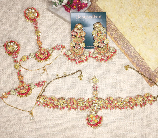 Multicolored Gemstone-Encrusted Necklaces, shop-by-style, shop-by-vibe, Earrings, and Sheeshpatti Set with Delicate Chain Details.