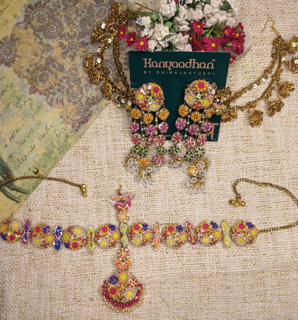Exquisite Earrings with Ear Chains and Necklaces, shop-by-style, shop-by-vibe Set, Embellished with Multicolored Gemstones in Floral Designs.