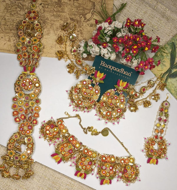 Elegant Jewelry Set with Earrings, Necklaces, shop-by-style, shop-by-vibe, and Bracelet Adorned with Multicolored Gemstones in Floral Patterns with back hair accessories