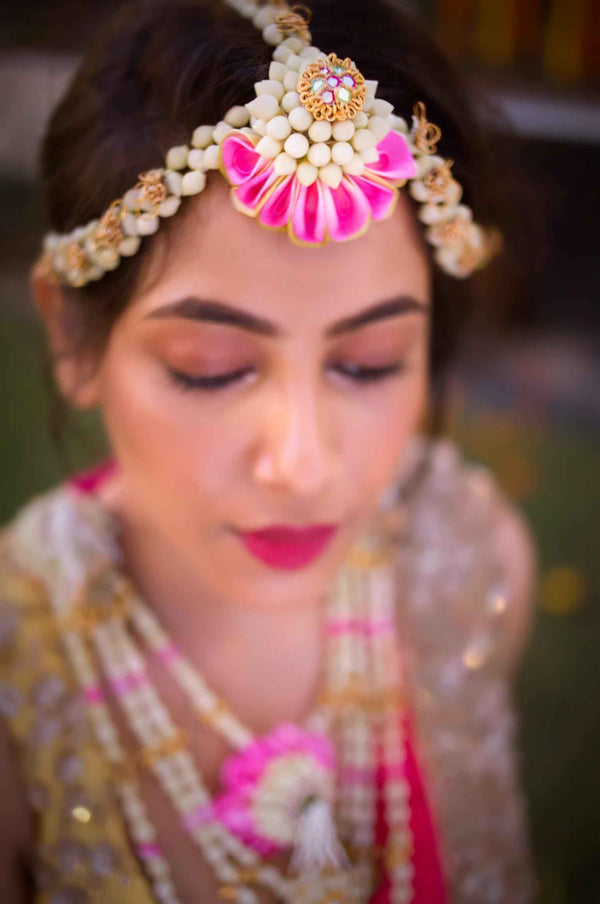 Carnations Pink Radiance floral haldi bridal mathapathi with gold accet