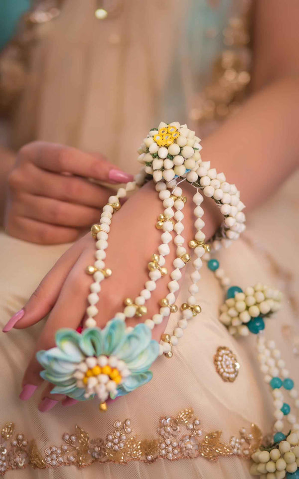 Aqua hydrangea Bridal floral haldi pair of Haath Phool with kaliras (pair)
