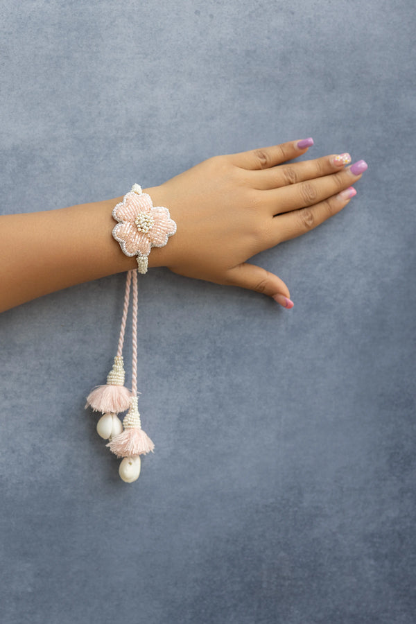 Peach Flower Beaded Pearl Lumba Rakhi