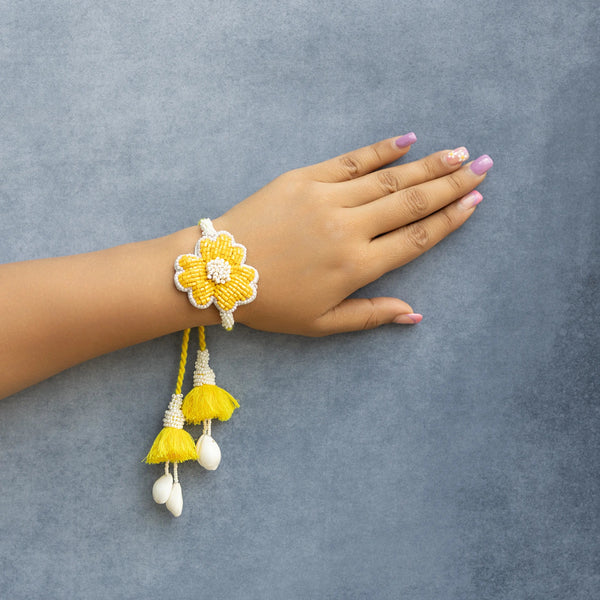 Yellow Flower Beaded pearl lumba Rakhi