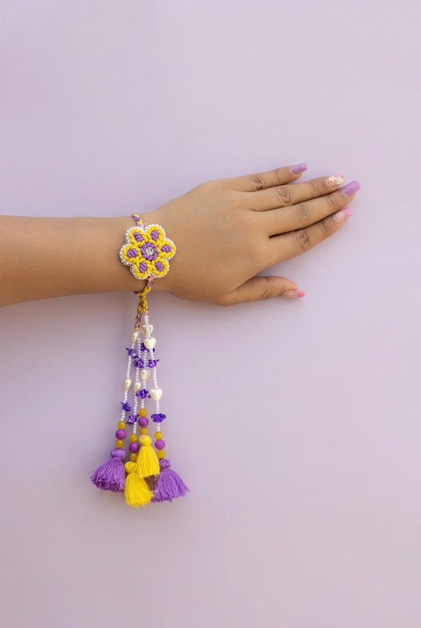 Yellow Violet Flower Beaded lumba Rakhi