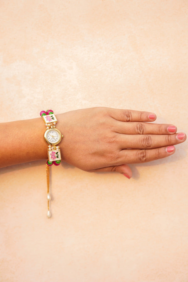 Lotus, Green and pink watch rakhi