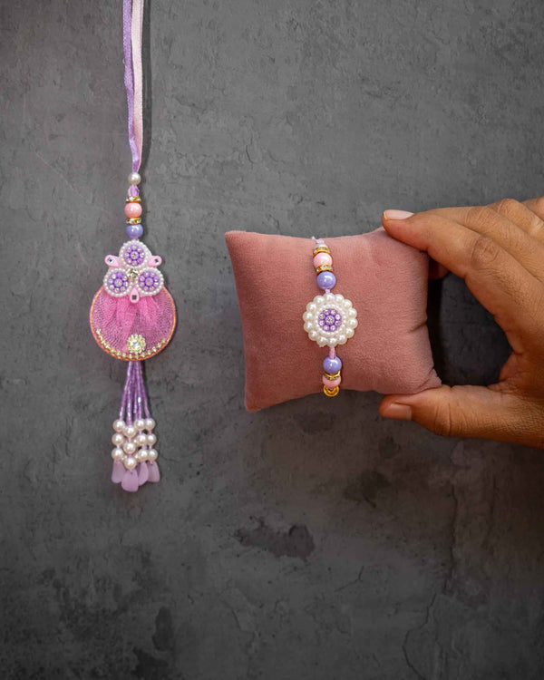 Purple circular pearls bhabhi lumba + bhai rakhi set