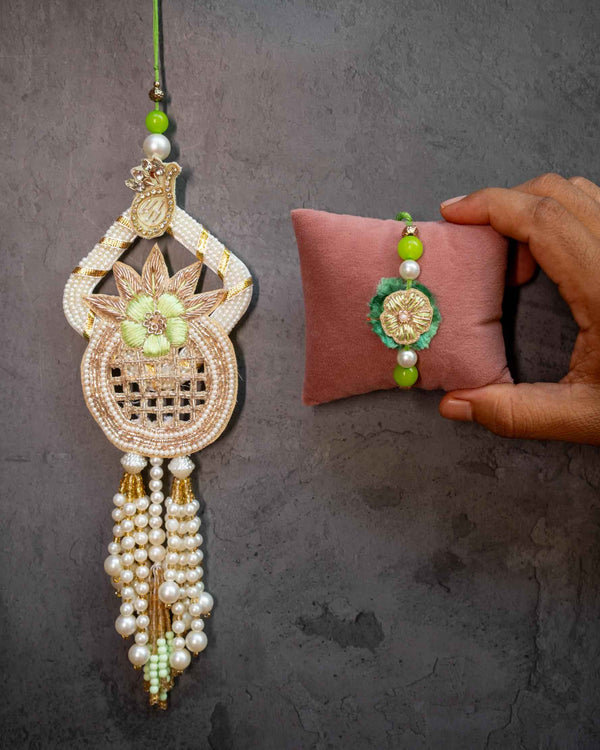 Mint green pearls bhabhi lumba + bhai rakhi set