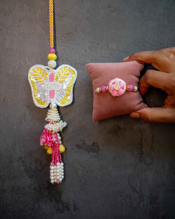 Yellow pink butterfly bhabhi lumba + bhai rakhi set