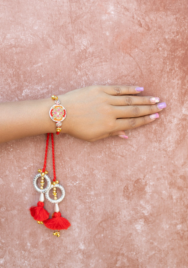 Red Beaded Lumba rakhi set with gota tassel